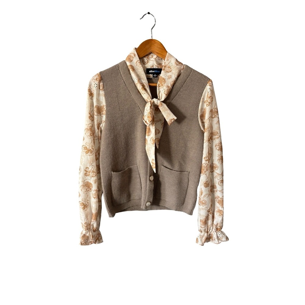Alice Blue Floral Eyelet Tie Neck Layered Knit Vest Cardigan Top Tan Medium‎ NWT